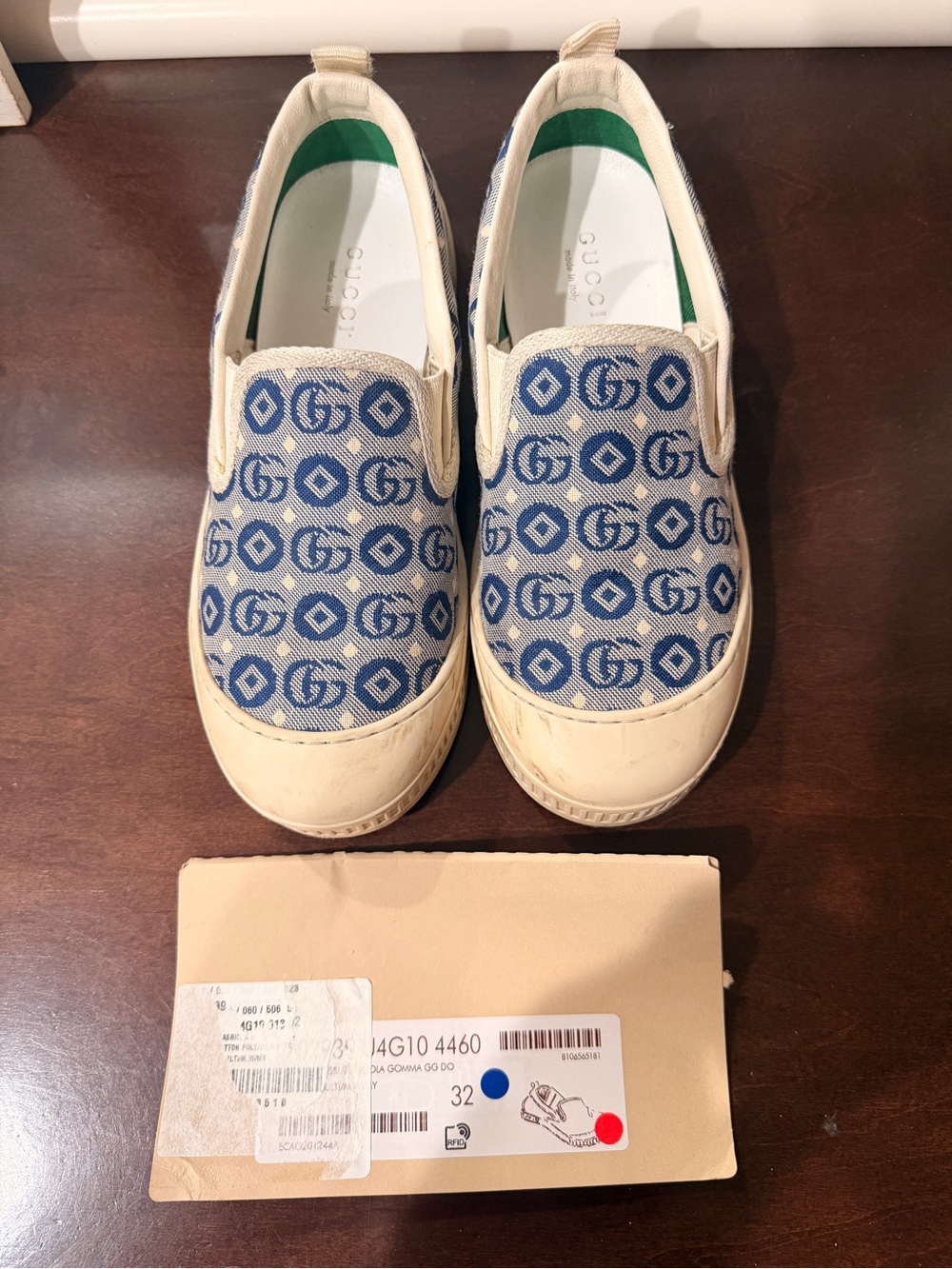 Gucci Kids Blue GG Monogram Slip-On Sneakers with Cream Trim